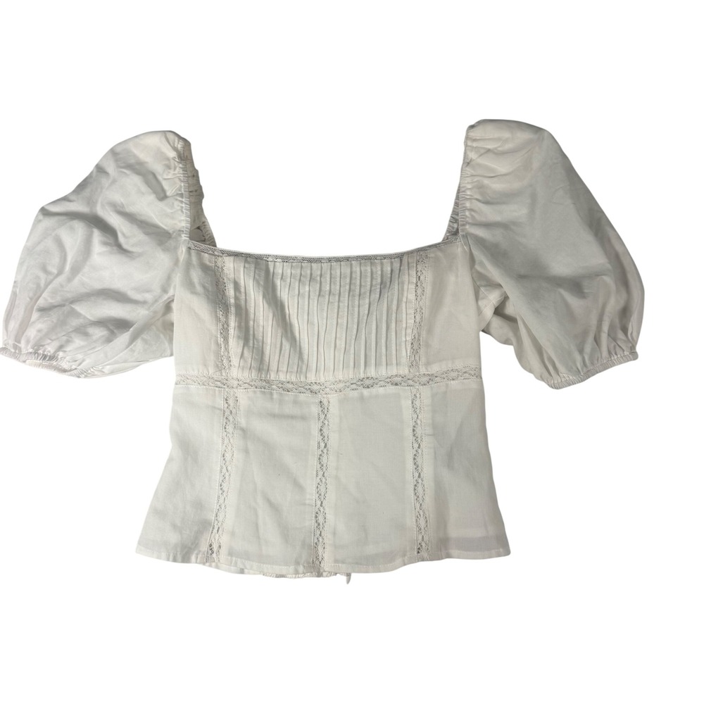 Reformation White Puff Sleeve Blouse Womens 0 Cotton Lace Trim Cottagecore Top